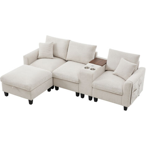 Divano Angolare 229x149.5x83 cm, 4 Posti, Cuscini Inclusi, Hocker con Contenitore, Tessuto Velluto a Coste, Beige, per Soggiorno