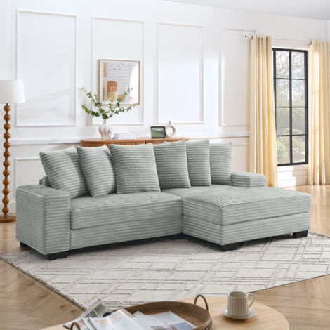 Divano angolare 256.5x133.5x89cm chaise longue reversibile supporto alto 6 cuscini grigio tessuto velluto a coste per salotto