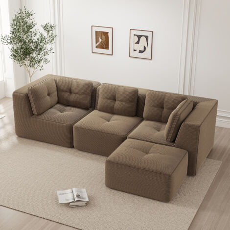 Divano angolare 3 posti, modulabile, velluto a coste, marrone