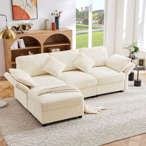 Divano angolare 4 posti, con pouf e braccioli regolabili, in chenille, beige