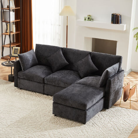 Divano angolare 4 posti, modulabile con pouf mobile, in chenille, grigio