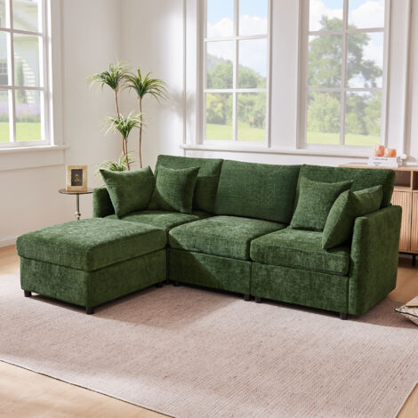 Divano angolare 4 posti, modulabile con pouf mobile, in chenille, verde
