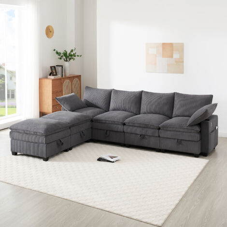 Divano angolare a 6 posti con contenitore, porta USB e portabicchieri, mobile soggiorno/camera da letto, 280x151x82 cm, velluto a coste, grigio