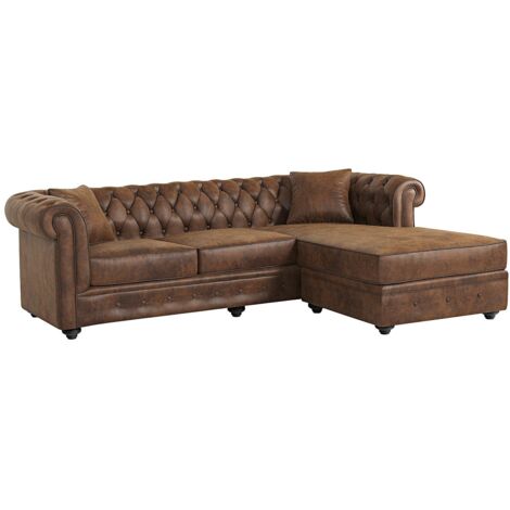 Divano angolare chesterfield reversibile in microfibra invecchiata Marrone - TOLEDO