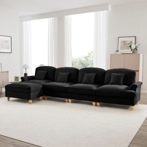 Divano angolare componibile a 4 posti (L) con rivestimento in ciniglia, gonna sfoderabile con 2 look, pouf mobile, nero