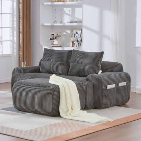 Divano angolare componibile in velluto a coste, 1 poggiapiedi, portabicchieri e tasca laterale, combinazione libera - 2 posti, 200×174×80 cm, grigio scuro