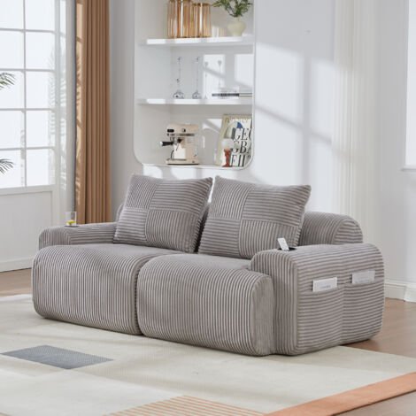 Divano angolare componibile in velluto a coste, con portabicchieri e tasca laterale - 2 posti, 200×99×80 cm, grigio chiaro