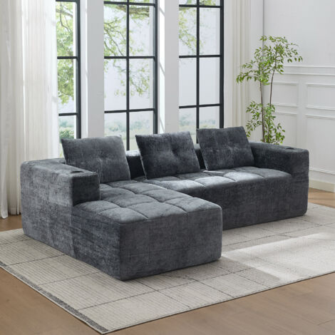 Divano angolare, con tre cuscini, portabicchieri, grigio, 258x163x68 cm