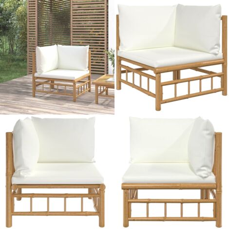 Divano Angolare da Giardino con Cuscini Bianco Crema in Bambù - Divano angolare da esterno - Cuscini da giardino bambù