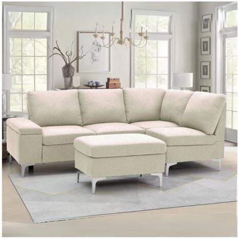 Divano angolare destro tessuto beige Dina con bracciolo porta oggetti 218X172X87H