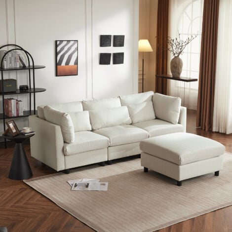 Divano angolare in L, divano a 3 posti +1 poggiapiedi, divano da salotto, design moderno, 220x83x65cm, Lino, beige