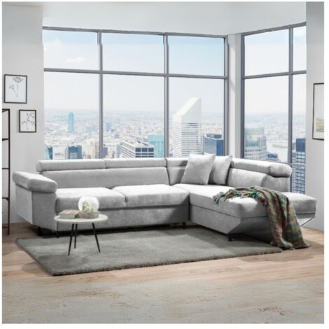 Divano angolare letto estraibile e penisola contenitore destra Denver colore grigio chiaro Ronda80 297x206x77H