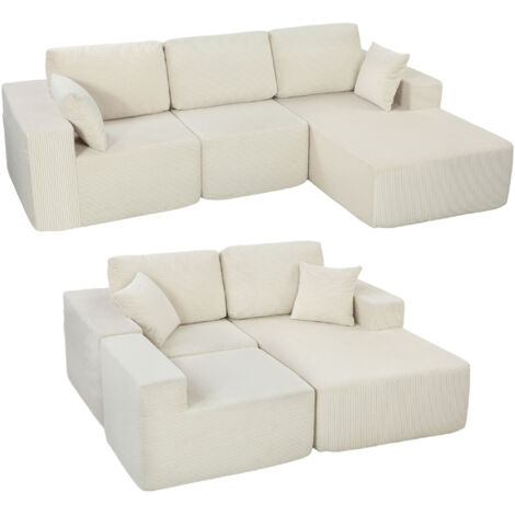 Divano angolare modulare 2 in 1, 267 cm, divano letto a 3 posti in velluto a coste, seduta e braccioli ampi, color crema