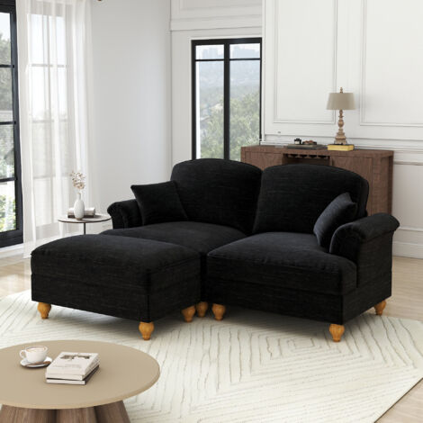 Divano Angolare Modulare 2 Posti, peluche morbido – Stile retrò con gonnellino, braccioli design, consegnato con pouf - Nero