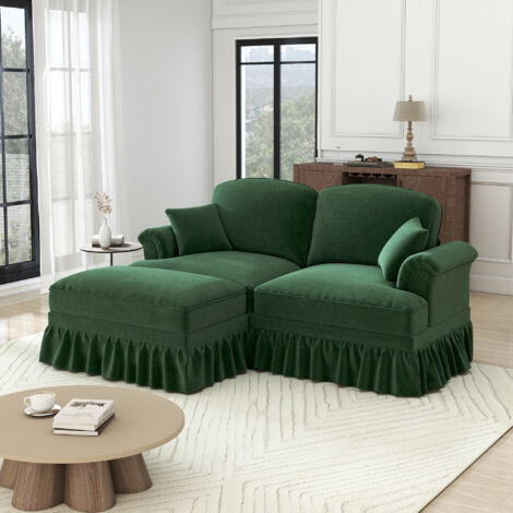 Divano Angolare Modulare 2 Posti, peluche morbido – Stile retrò con gonnellino, braccioli design, consegnato con pouf - Verde