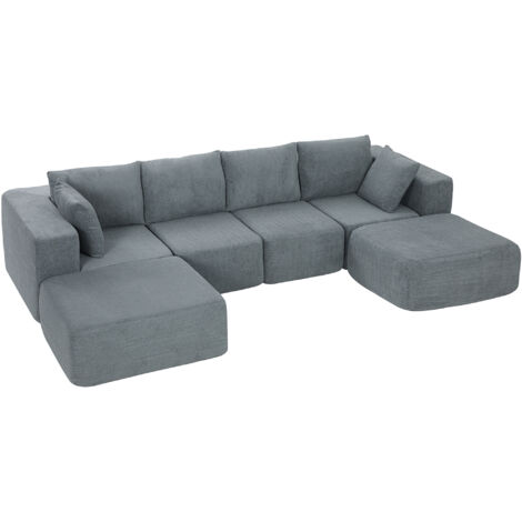 Divano angolare modulare in tessuto effetto velluto e imbottitura in schiuma con cuscini, 294x165x70 cm, grigio scuro.