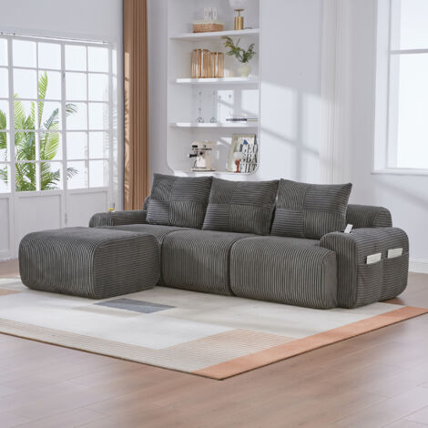 Divano angolare modulare in velluto a coste, 1 poggiapiedi, portabicchieri e tasca laterale, combinazione libera - 3 posti, 268×174×80 cm, grigio scuro