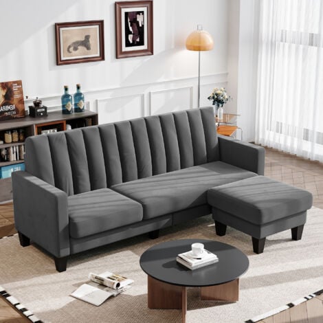 Divano angolare reversibile a 3 posti in velluto, divano scandinavo con poggiapiedi rimovibile per soggiorno, 208 x 140 x 85 cm, grigio