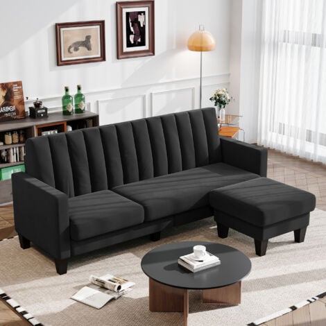 YOLEO Divano angolare reversibile a 3 posti in velluto, divano scandinavo con poggiapiedi rimovibile per soggiorno, 208 x 140 x 85 cm, nero