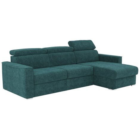 Divano angolare reversibile convertibile express in tessuto ciniglia blu pavone - Dormire 140 cm - Materasso 18 cm VIZIR