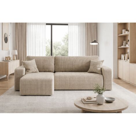 Divano angolare reversibile PIANIOO L trasformabile – Velluto a coste beige, funzione letto, ampio vano contenitore, angolo universale sinistro/destro