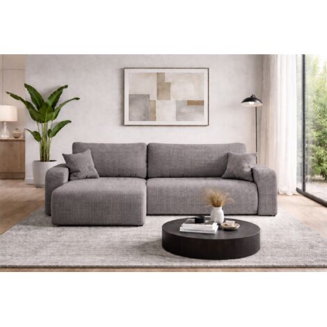 Divano angolare reversibile PIANIOO XL trasformabile – Velluto a coste grigio, ampio vano contenitore, funzione letto, angolo universale sinistro/destro, comfort ed eleganza