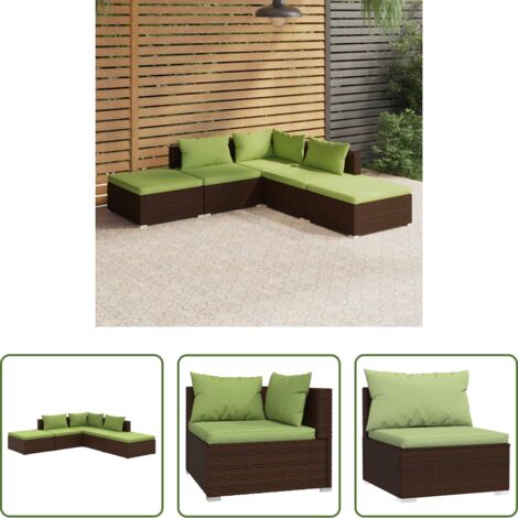 Divano angolare -  Set Divani da Giardino 5 pz con Cuscini in Polyrattan Marrone