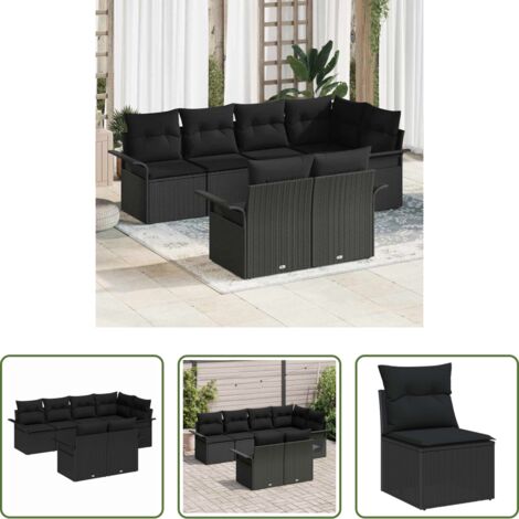Divano angolare -  Set Divano da Giardino con cuscino 7 pcs Nero polyrattan