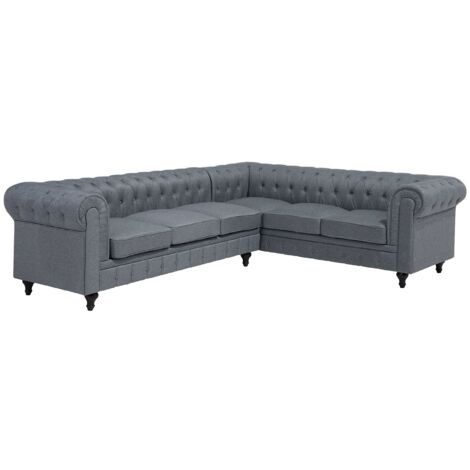 Divano Angolare Tessuto Grigio Chiaro Gambe Legno Scuro Versione Sinistra Chesterfield