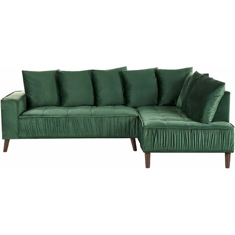 Divano angolare velluto verde scuro metallo effetto legno e cuscini Grena