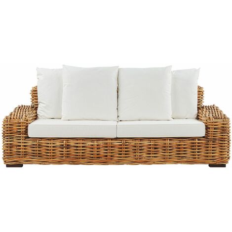 Divano Boho da Giardino a 3 Posti in Rattan Naturale con Cuscini Forli