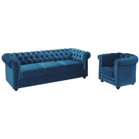 Divano CHESTERFIELD 3 posti e poltrona in velluto Verde petrolio