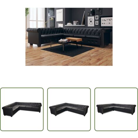 Divano Chesterfield -  Divano Angolare Chesterfield a 6 Posti Pelle Artificiale Nera