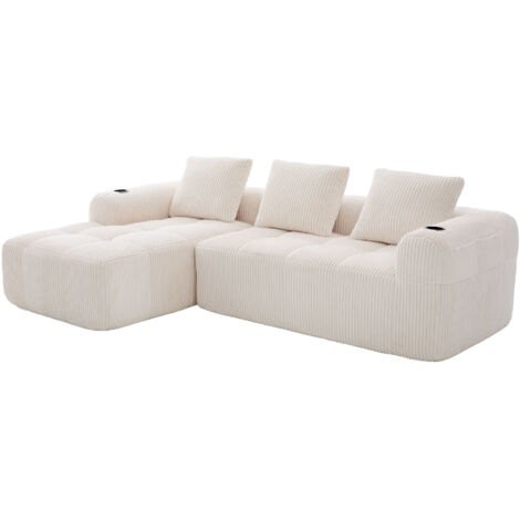 Divano Combinabile 253x158x61 cm, 4 Posti, Salvaspazio DIY, 3 Cuscini, Robusto, Velluto a coste, Beige, per Soggiorno