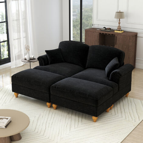 Divano componibile 2 posti in ciniglia con pouf sfoderabile e gonna arricciata sfoderabile, 194×140×93 cm, nero