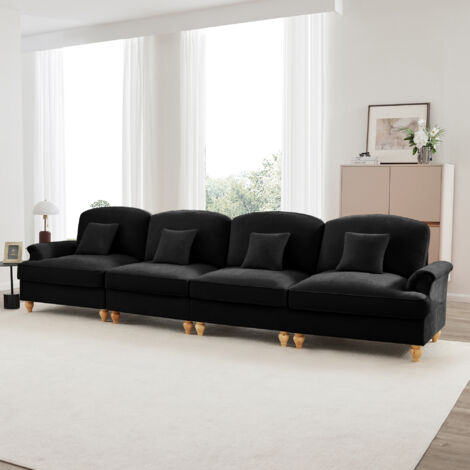 Divano componibile a 4 posti in ciniglia, doppio design (gonna rimovibile), pouf incluso, braccioli a petalo, gambe affusolate — nero