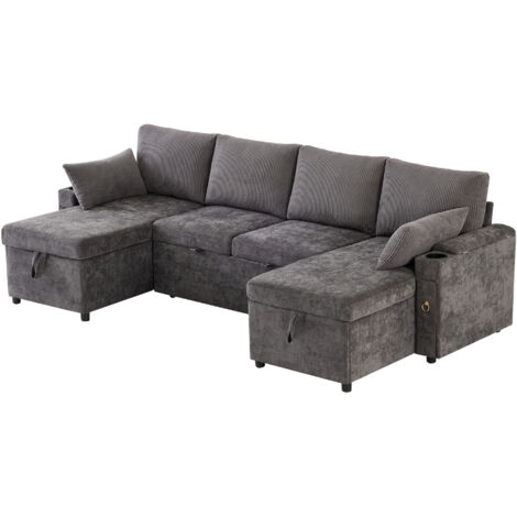Divano Componibile a U 272x131x84cm, 4-5 Posti, Struttura Metallo Legno, Schiuma Imbottita Grigio, per Casa
