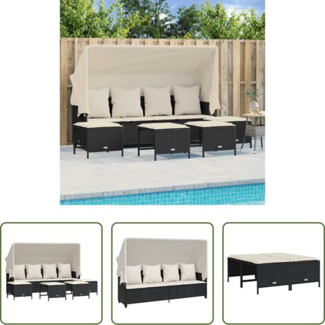 Divano con baldacchino -  Set Divani da Giardino 5 pz con Cuscini in Polyrattan Nero