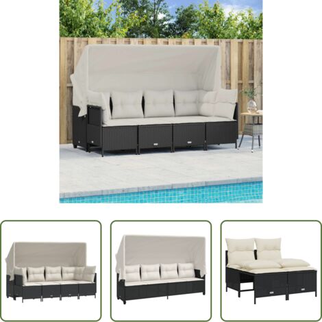 Divano con baldacchino -  Set Divani da Giardino 5 pz con Cuscini in Polyrattan Nero