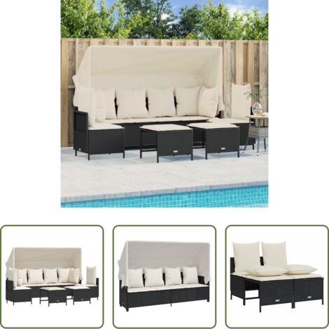 Divano con baldacchino -  Set Divani da Giardino 5 pz con Cuscini in Polyrattan Nero