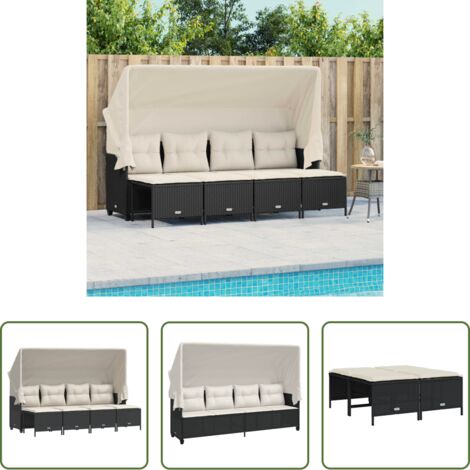 Divano con baldacchino -  Set Divani da Giardino 5 pz con Cuscini in Polyrattan Nero
