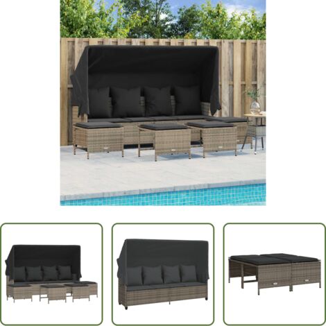 Divano con baldacchino -  Set Divano da Giardino 5 pz con Cuscini Grigio in Polyrattan