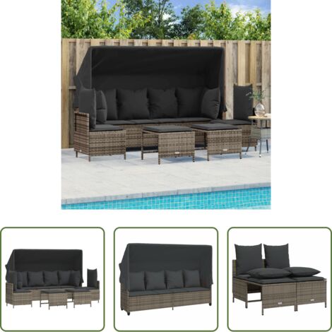 Divano con baldacchino -  Set Divano da Giardino 5 pz con Cuscini Grigio in Polyrattan