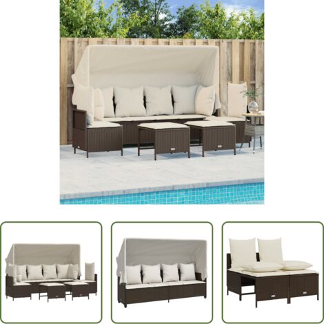 Divano con baldacchino -  Set Divano da Giardino 5 pz con Cuscini Marrone in Polyrattan