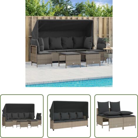Divano con baldacchino -  Set Divano da Giardino 5pz con Cuscini Grigio Chiaro Polyrattan