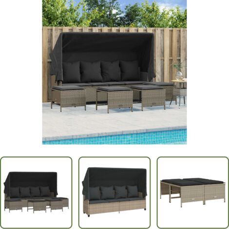 Divano con baldacchino -  Set Divano da Giardino 5pz con Cuscini Grigio Chiaro Polyrattan