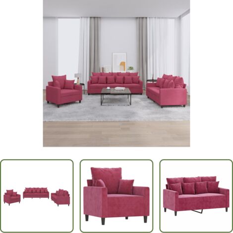 Divano con cuscini -  Set di Divani 3 pz con Cuscini Rosso Vino in Velluto