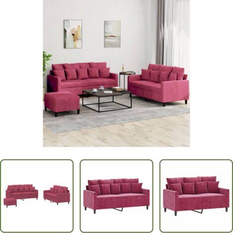 Divano con cuscini -  Set di Divani 3 pz con Cuscini Rosso Vino in Velluto