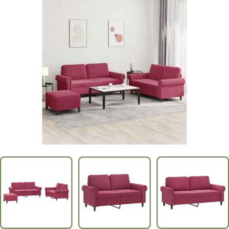 Divano con cuscini -  Set di Divani 3 pz con Cuscini Rosso Vino in Velluto