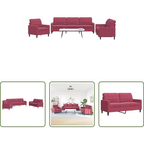 Divano con cuscini -  Set di Divani 3 pz con Cuscini Rosso Vino in Velluto